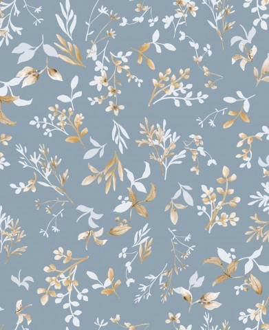 Satin cotton a blue and gold floral pattern on a blue background