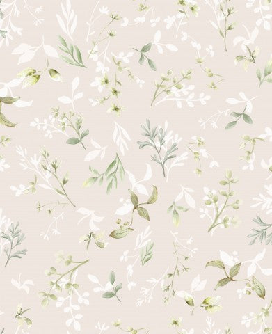 French Terry, una carta da parati floreale con foglie verdi e fiori