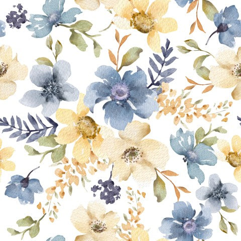 French Terry a watercolor floral pattern with blue, yellow and white flowers