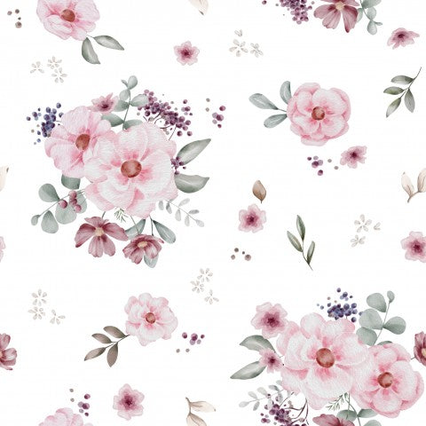 Jersey floral pattern with pink flowers and leaves