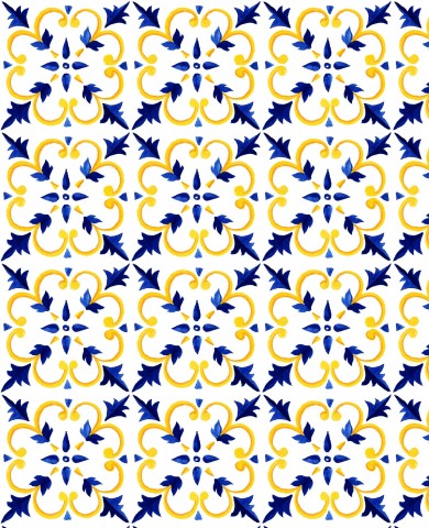 Raso di cotone con motivo blu-giallo su sfondo bianco
