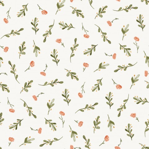 Satin cotton a floral pattern with green leaves and flowers