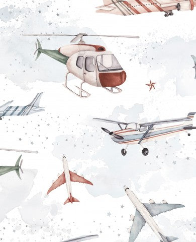 Waterproof fabric airplanes and helicopters flying in the sky