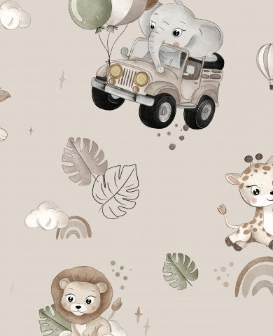 Muslin an elephant, a giraffe and other animals on a beige background