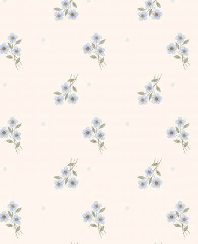Vandtæt stof med et blomstermønster af blå blomster på en cremefarvet baggrund