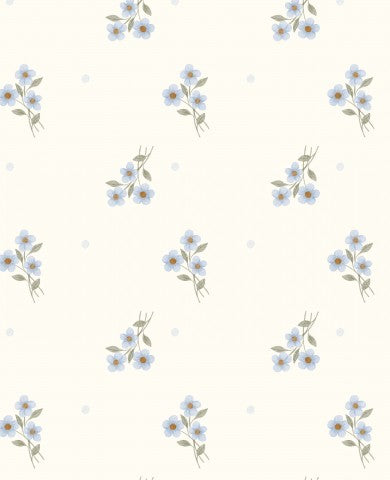 Muslin ett blommönster med blå blommor på vit bakgrund