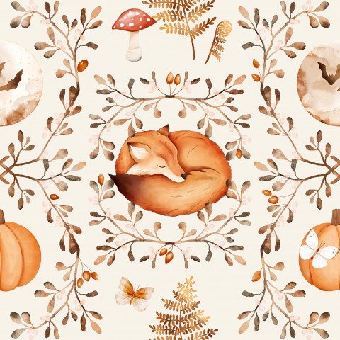 French Terry watercolor fox and pumpkins