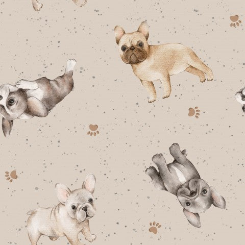 French Terry a pattern of French bulldogs and paw prints