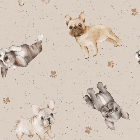 Fransk bulldog-mønster på blødt lærredsstof i farven Big Beige - ideelt til syprojekter - bomuldsstof i metermål til selvsyning.