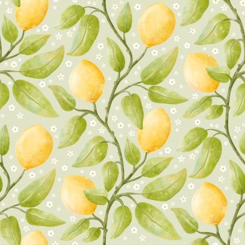 Motif aquarelle French Terry avec des citrons sur fond vert