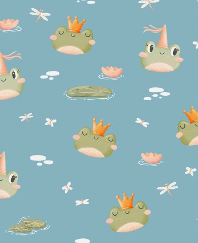 SoftShell frogs with crowns and dragonflies on a blue background