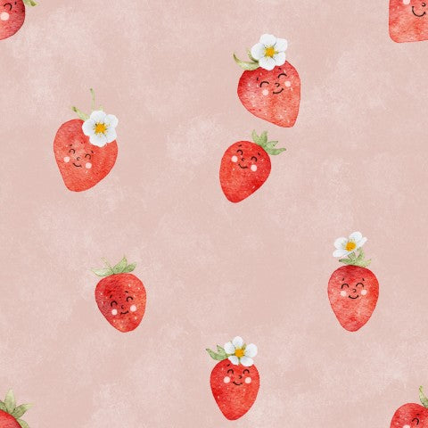 Jersey strawberries and flowers on a pink background