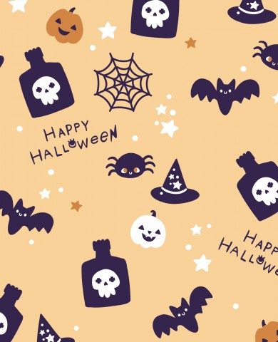Satin cotton Halloween pattern with pumpkins and bats