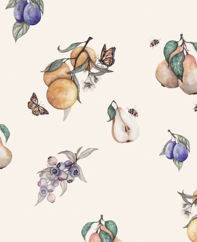 Frutti e bacche acquerellati in cotone satinato su sfondo bianco