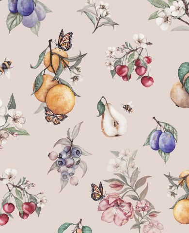 Lærredsbomuld med frugter og blomster i beige - naturligt råmateriale til dine kreative projekter: blødt, let og smidigt, ideelt til bukser, tasker og poser. Naturlig