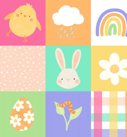 French Terry una raccolta di immagini pasquali, tra cui un coniglietto, uova, fiori e un arcobaleno