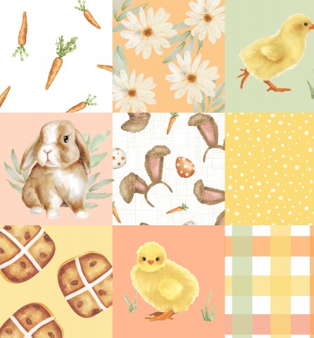 Mousseline : un collage d'articles liés à Pâques, notamment un lapin, des œufs et des fleurs