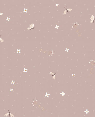 Waterproof fabric a pink and white floral pattern with butterflies and flowers