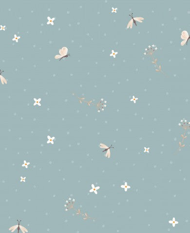 Jersey flowers and butterflies on a blue background