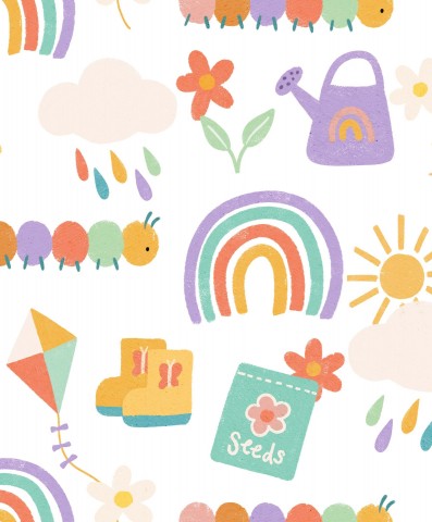 French Terry colorful flowers, rainbows and butterflies