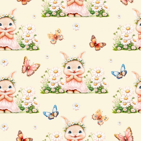 Waterproof fabric bunny with flowers and butterflies on yellow background