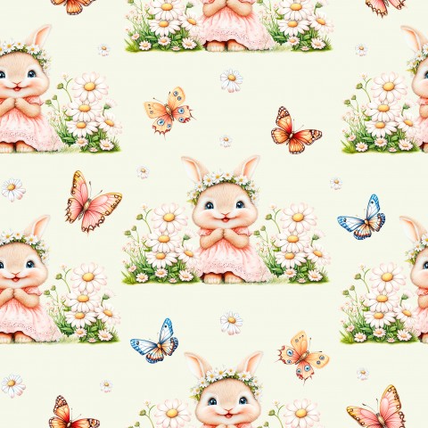 Muslin pattern of a cute bunny with flowers and butterflies
