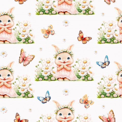 Waterproof fabric pattern of a cute bunny with flowers and butterflies
