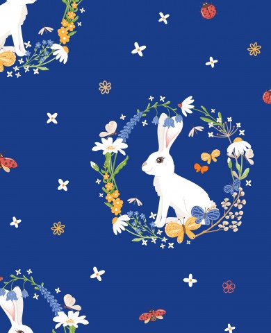 Waterproof fabric rabbits and flowers on a blue background