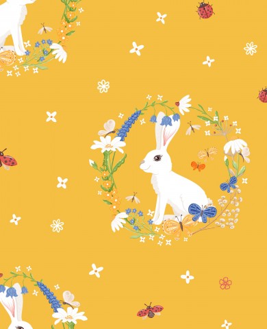 Jersey rabbit and flowers on yellow background