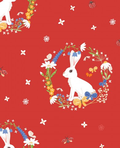 Jersey white rabbit and flowers on red background
