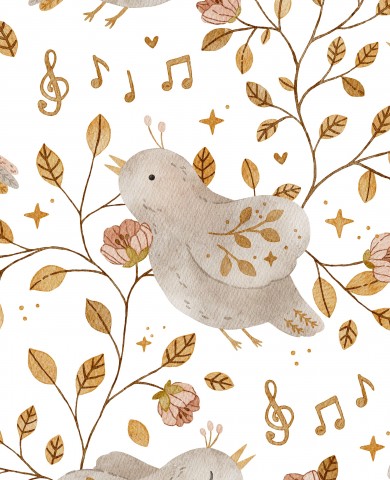 Uccelli di mussola e note musicali