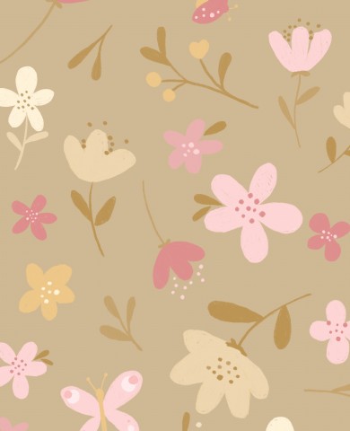 Jersey flowers and butterflies on a brown background