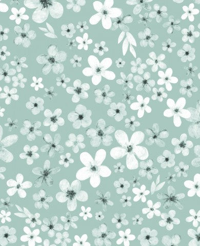 Satén de algodón con estampado de flores blancas sobre fondo azul verdoso.