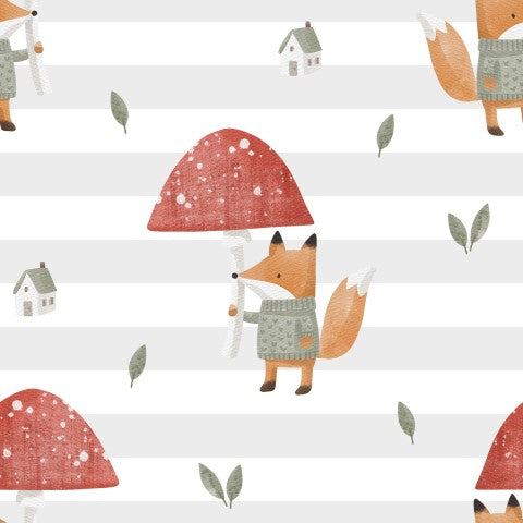 French Terry foxes and mushrooms