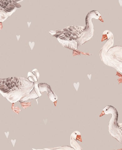Satin cotton a pattern of ducks and hearts on a beige background