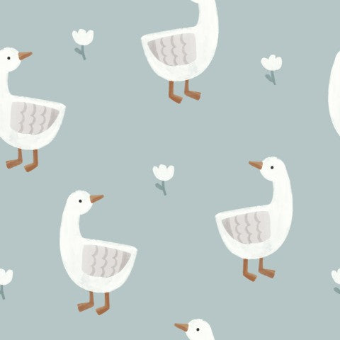 Wasserdichter Stoff weißen Enten und Blumen auf blauem Hintergrund