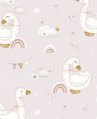 French Terry white ducks and rainbows