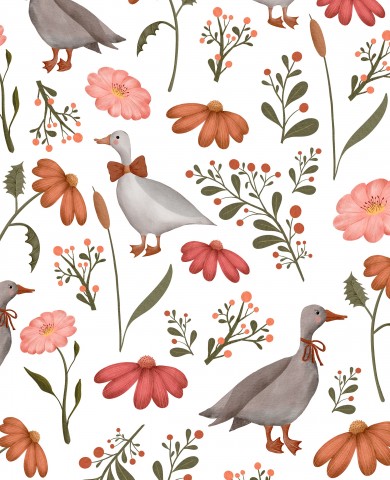 Satin Baumwolle Enten und Blumen