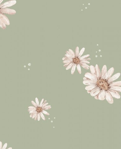 Jersey floral wallpaper with daisies on a green background
