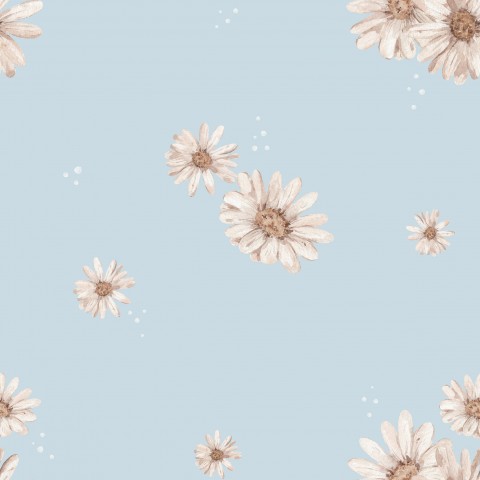 French Terry daisies on light blue background