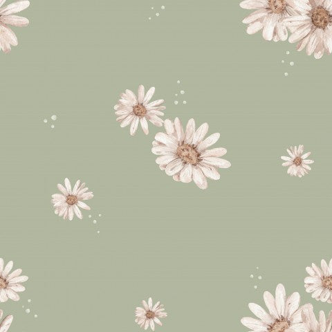 French Terry white daisies on green background