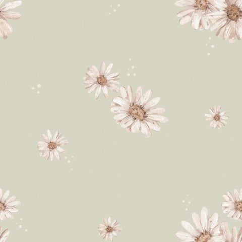 French Terry, un estampado floral con margaritas blancas sobre un fondo verde.