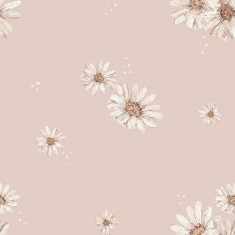 French Terry white daisies on pink background