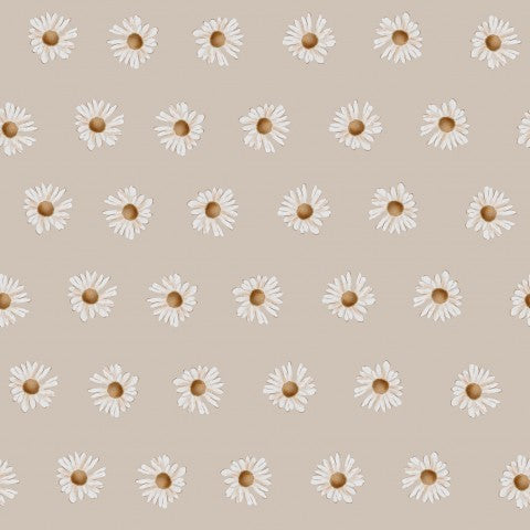 Satin cotton pattern of daisies on beige background
