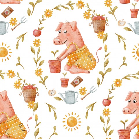 Muslin a watercolor pig and garden tools