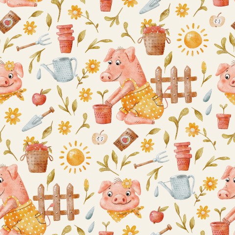 Satin cotton watercolor pigs and garden tools