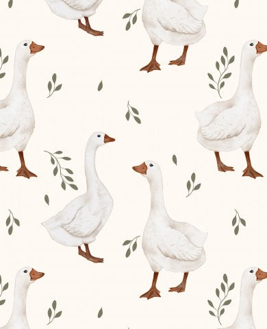 Tissu imperméable canards blancs et feuilles