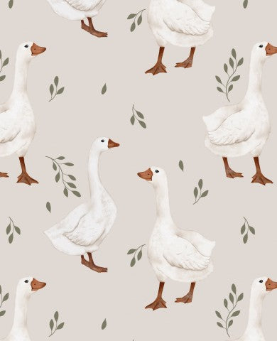 Muslin white ducks and leaves