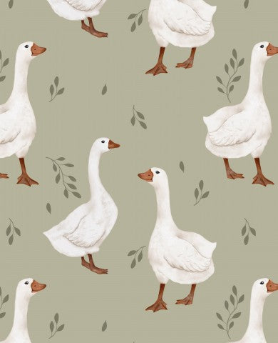 Waterproof fabric white ducks on green background