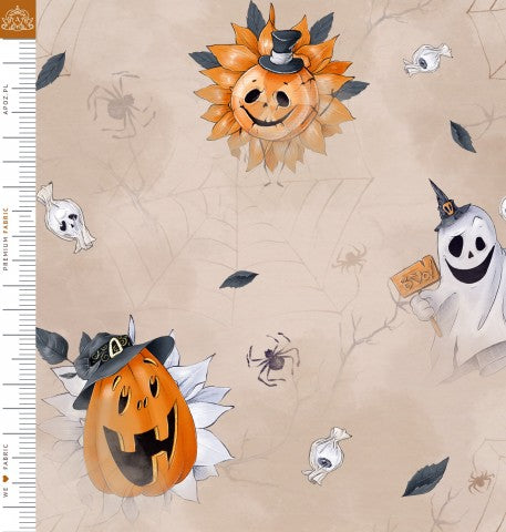 French Terry einen Halloween-Stoff mit Kürbissen und Geistern darauf